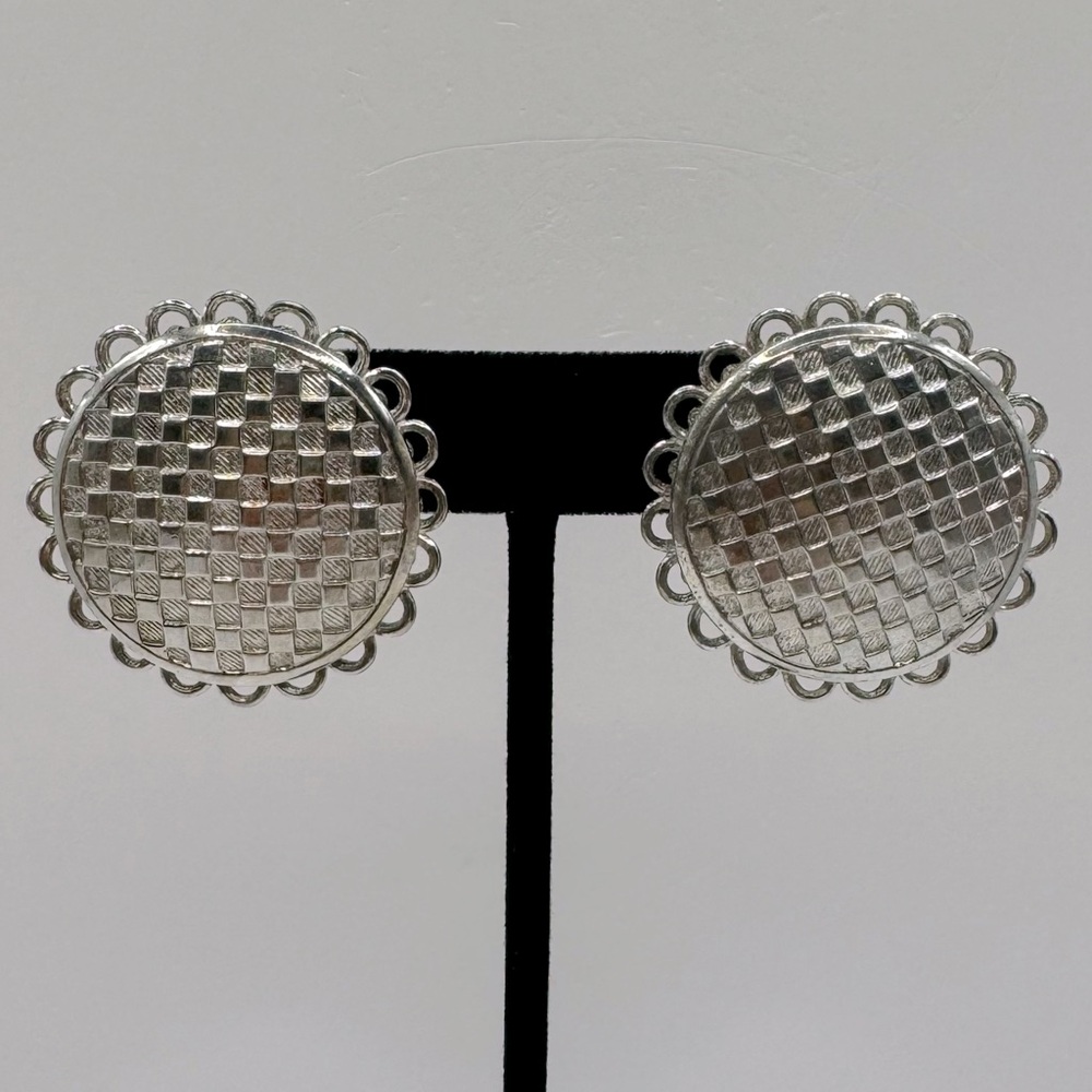 VINTAGE Large Silver-Tone Scalloped Checkerboard Earrings